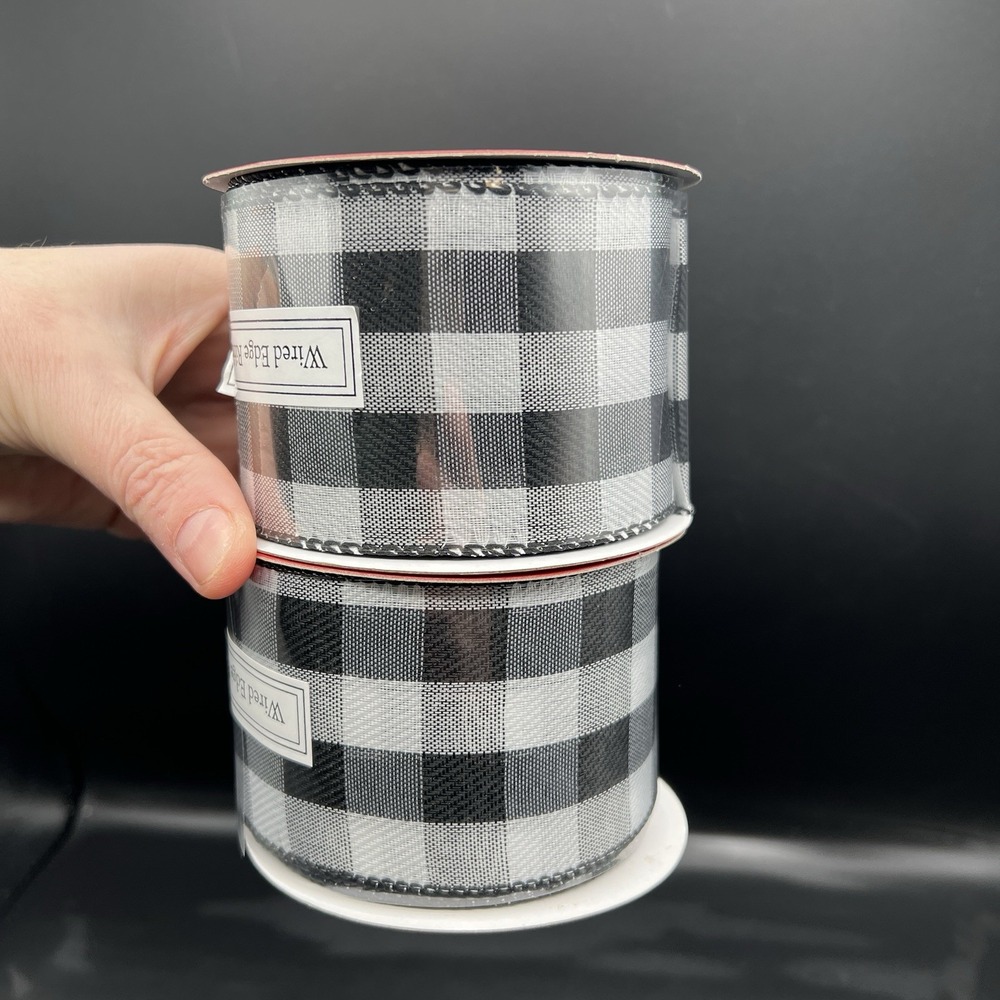 Black & White Gingham Wired Edge Holiday Ribbon Farm Country Set of 2 Rolls 60ft